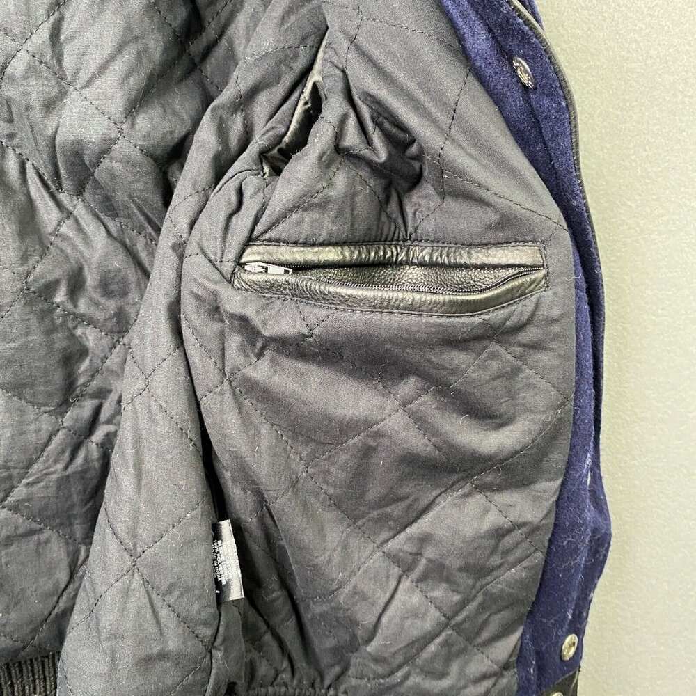 Oak NYC Double Front Varsity Jacket Womens XS Blue Wool Leather Sleeves Boxy - Picture 4 of 9